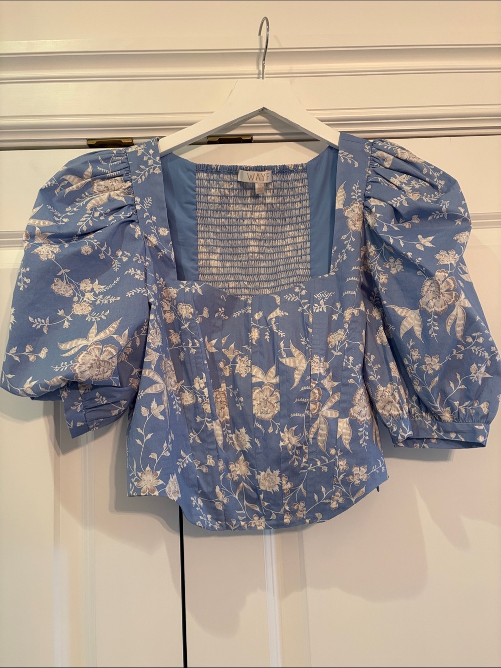 Wayf Blue Floral Corset Puff-Sleeve Square-Neck Top